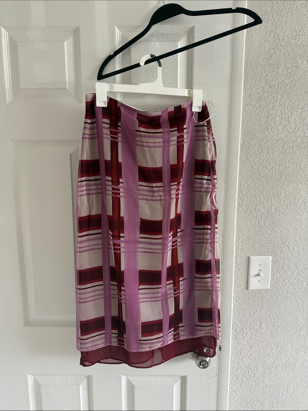 Zara Pink and Burgundy Plaid Midi Skirt